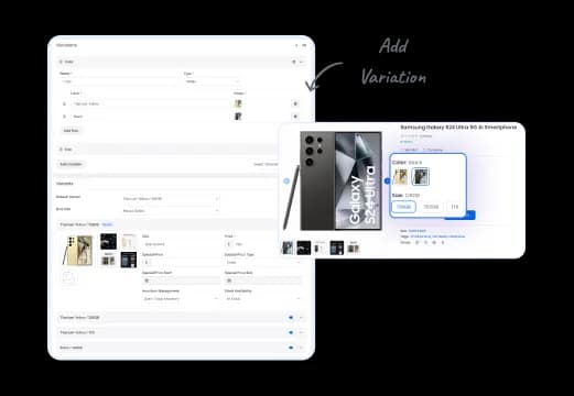 Product variations and variants management screenshot