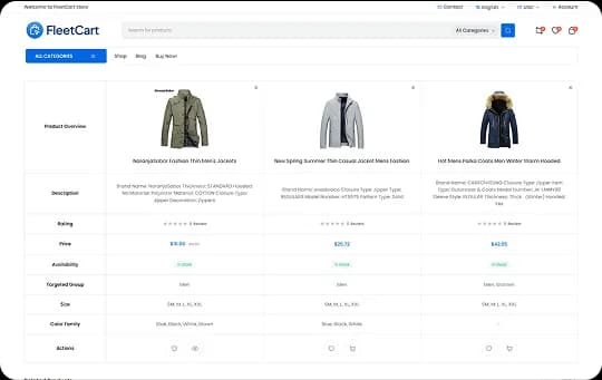 FleetCart product compare page