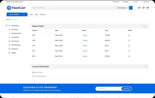 FleetCart customer account page