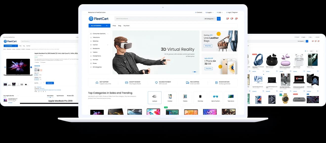 FleetCart storefront and admin dashboard preview